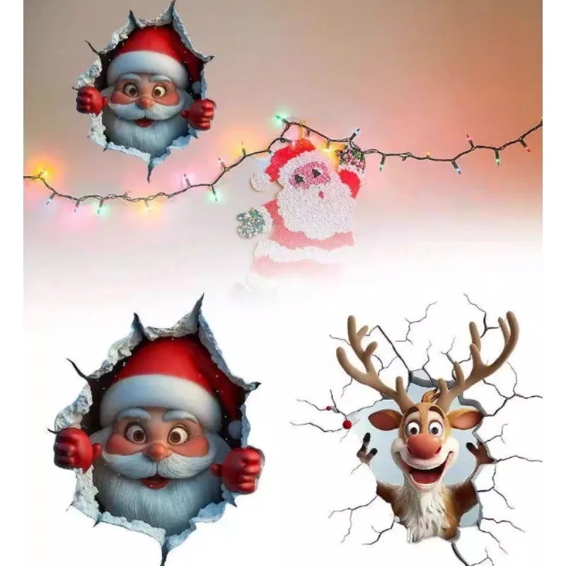 5018 3D Breaking Wall Cartoon Blessing Reindeer PVC Wall Stickers for Christmas Holiday Living Room Home Decor 1pc