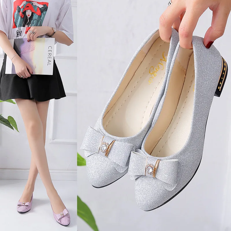 Female Sequined Cloth Low Heel Office Career Single Shoes 2026 Autumn Shallow mouth Butterfly knot New Fashion Sweet Casual Shoe