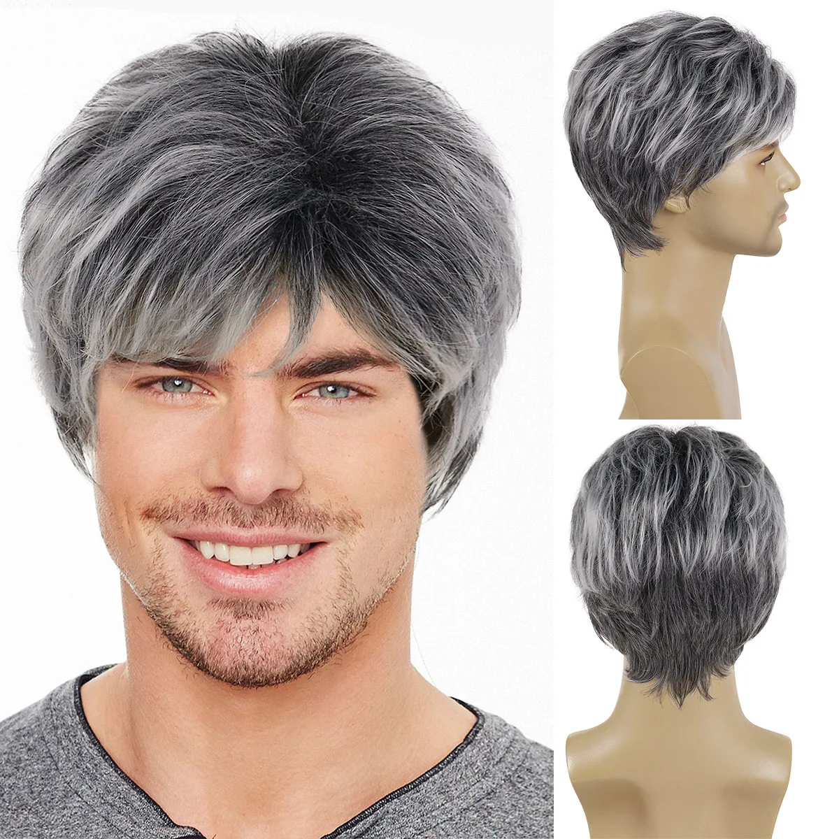 

Synthetic Casual Hair Short Mix Grey Wig for Men Male Wig with Bangs Curly Hairstyle Natural Pixie Wigs Cosplay Heat Resistant