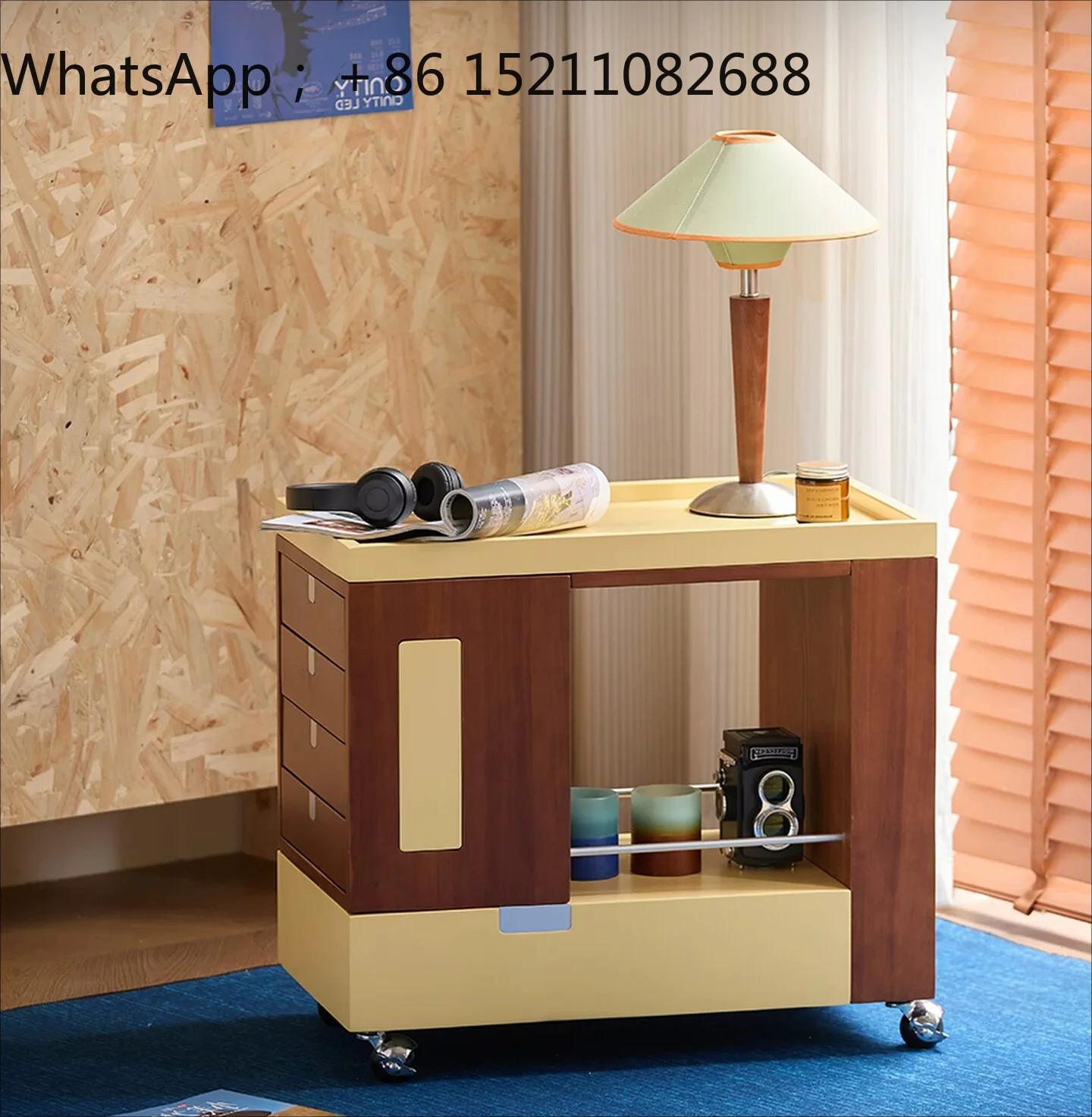 LLY medieval style mobile side square storage side cabinet retro trolley creative solid wood living room coffee table