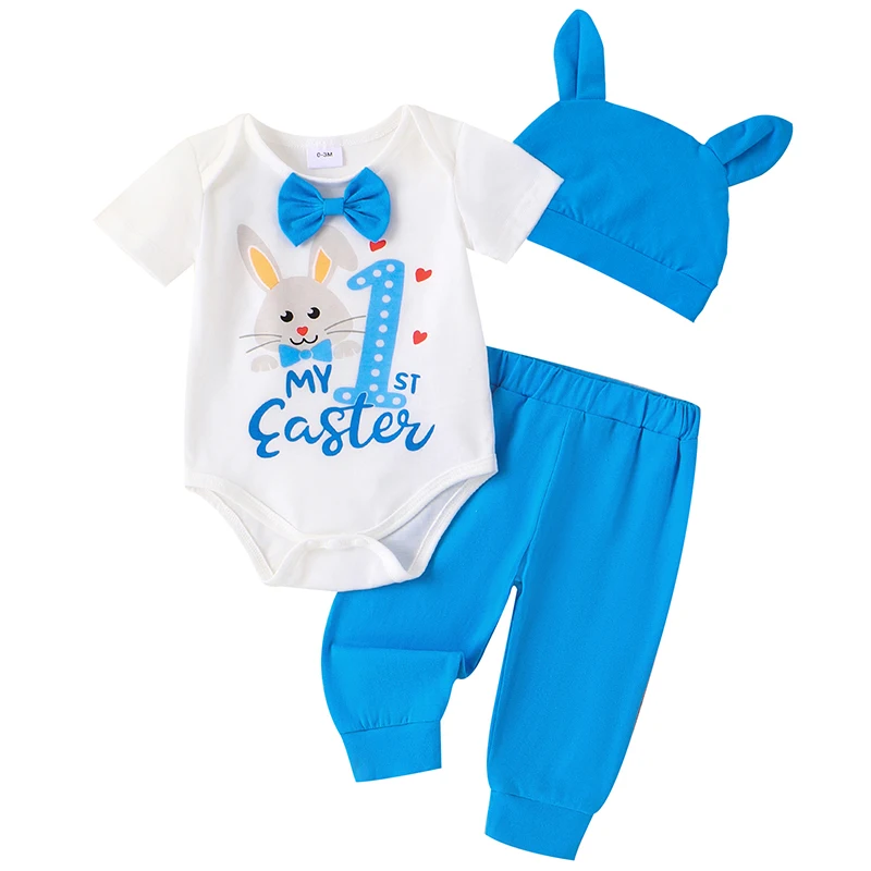 

Newborn Baby Boys My First Easter Outfit Long Sleeve Bunny Bowtie Romper Pants Hat 3pcs Clothes Set