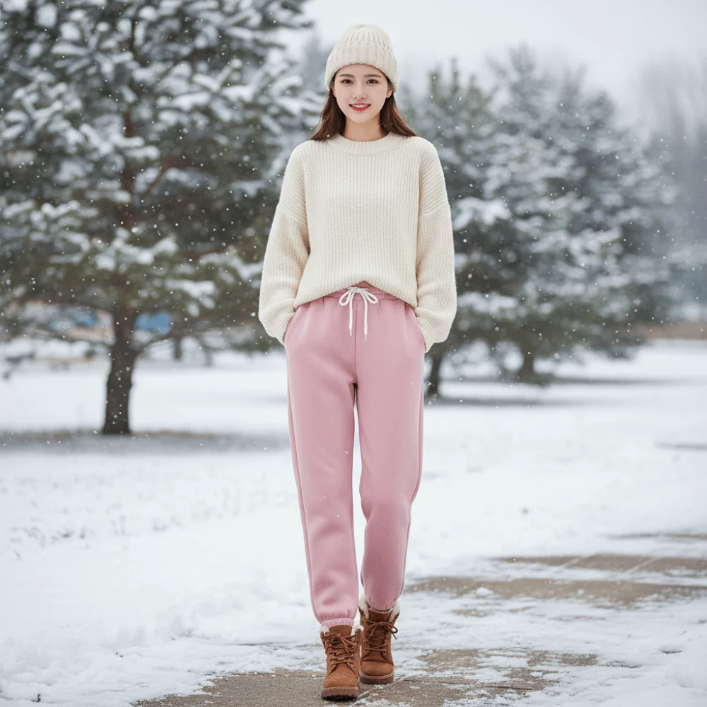 

High Waist Fleece Lined Joggers Adjustable Drawstring Fleece Lined Harem Pants Solid Color Stretchy Warm Pants Winter Wear