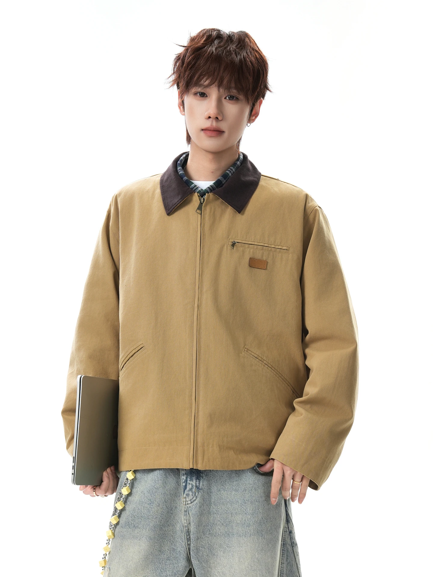 

Весенняя винтажная свободная повседневная мужская куртка с воротником на молнии, уличный стиль, свободный крой, рабочая одежда для пар, 100% хлопок