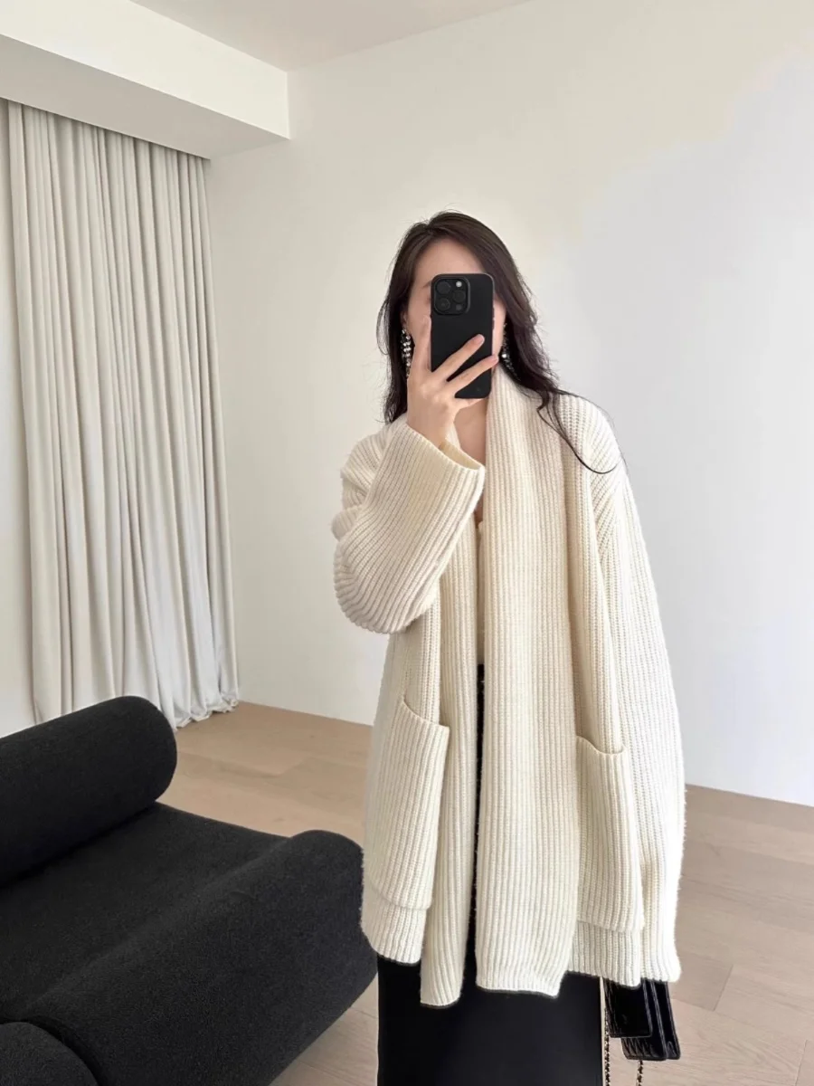 

Temperament lapel cashmere cardigan women loose thick long sweater coat women with pocket sweater.