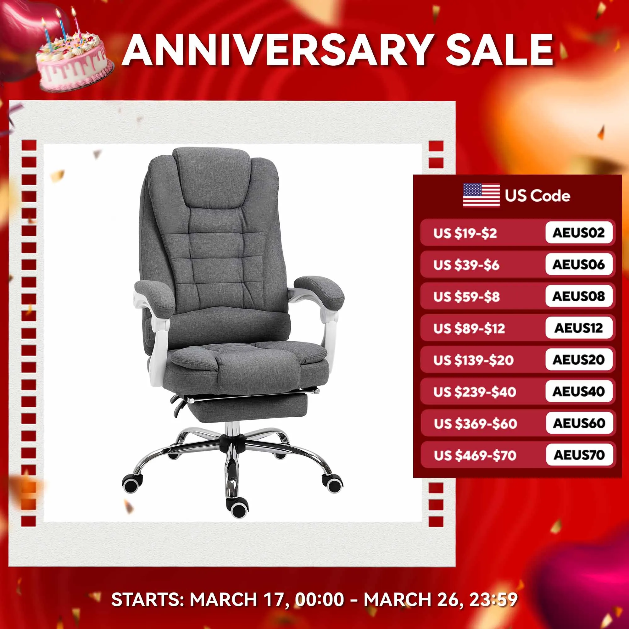 

Vinsetto High-Back Executive Office Chair with Footrest, Linen-Fabric Computer Chair with Padded Armrests, Gray