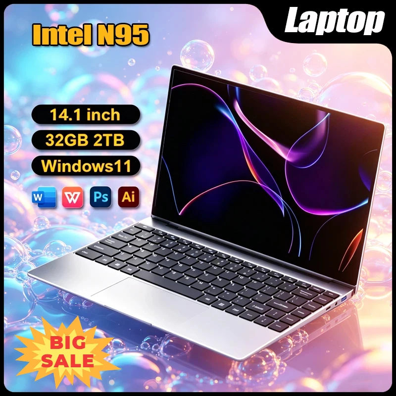 Novo Notebook Portátil FHD Ultrafino de 14.1 polegadas 2026 com Intel N95, Windows 11, 16GB/32GB RAM DDR4 e SSD de 2TB para Negócios e Escritório