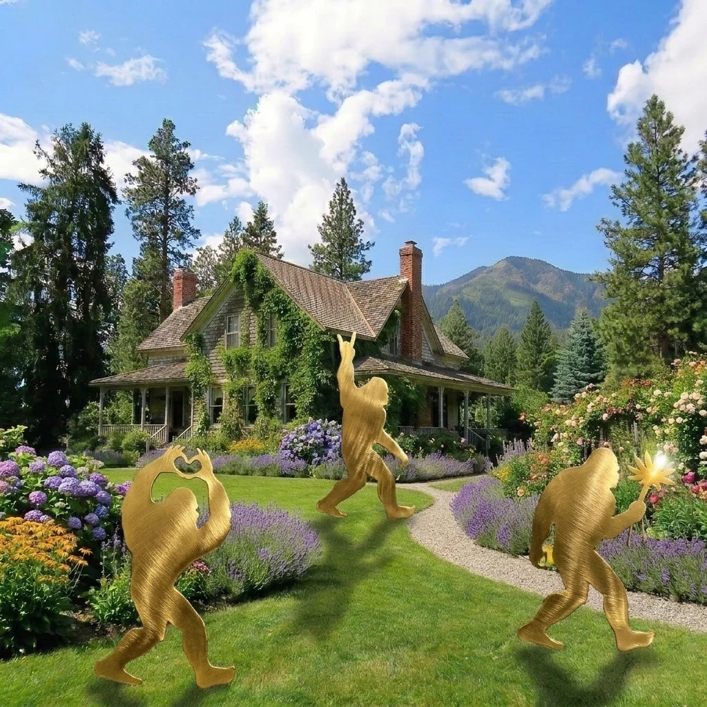 Gold Stainless Steel Bigfoot Garden Stake Metal Sasquatch Yard Sign Outdoor Lawn Ornament Cute Monster Silhouette Ground Insert