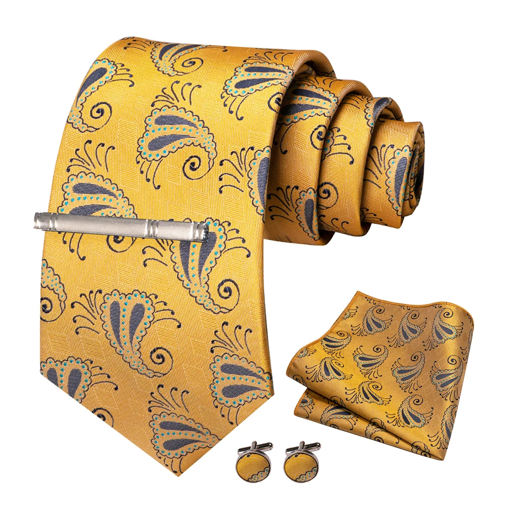 JEMYGINS Mode Männer Krawatte Luxus Gelb Gold Striped Plaid Seide Hochzeit Krawatte Für Männer Hanky Manschettenknopf Krawatte Set Bussiness Party geschenk – Detail 7