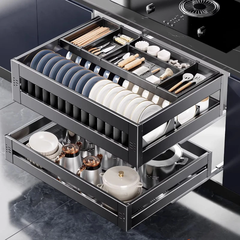 

Kitchen Cabinet Pull Basket Seasoning Basket Drawer Stainless Steel Pot Storage Built-in Bowl Basket