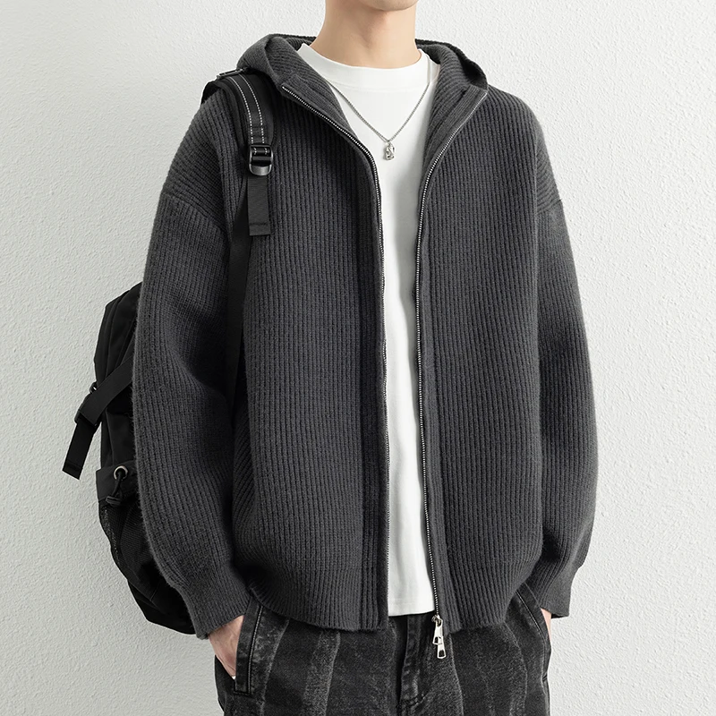เสื้อสเวตเตอร์มีฮู้ดซิปคุณภาพสูงสำหรับผู้ชาย ฤดูใบไม้ร่วง ฤดูหนาว ทรงหลวม เสื้อคาร์ดิแกนถักแบบคู่ สีพื้น แฟชั่นลำลอง เสื้อโค้ทถัก