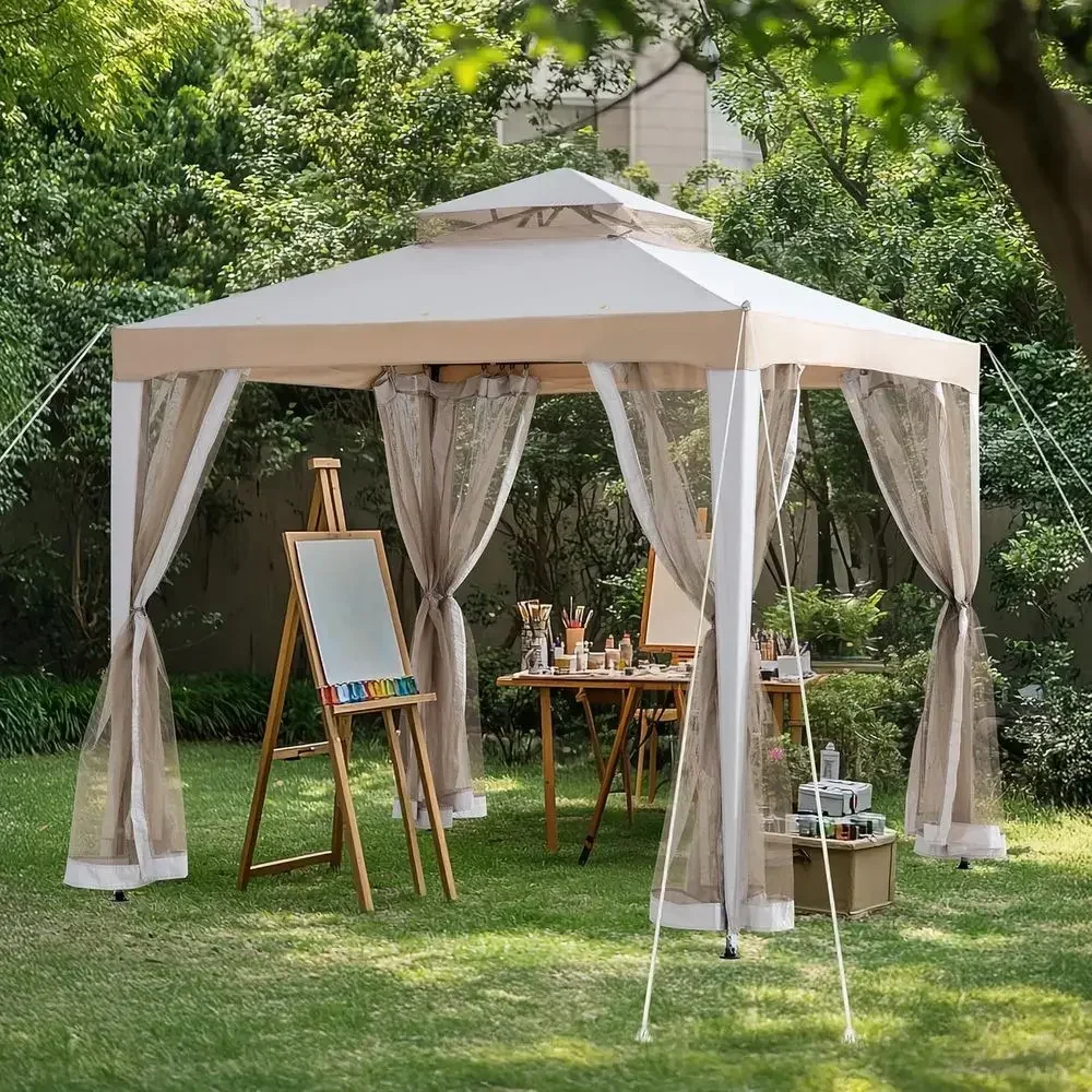 8x8 Outdoor 2-Tier Steel Gazebo with Mesh Netting - Grey & Khaki