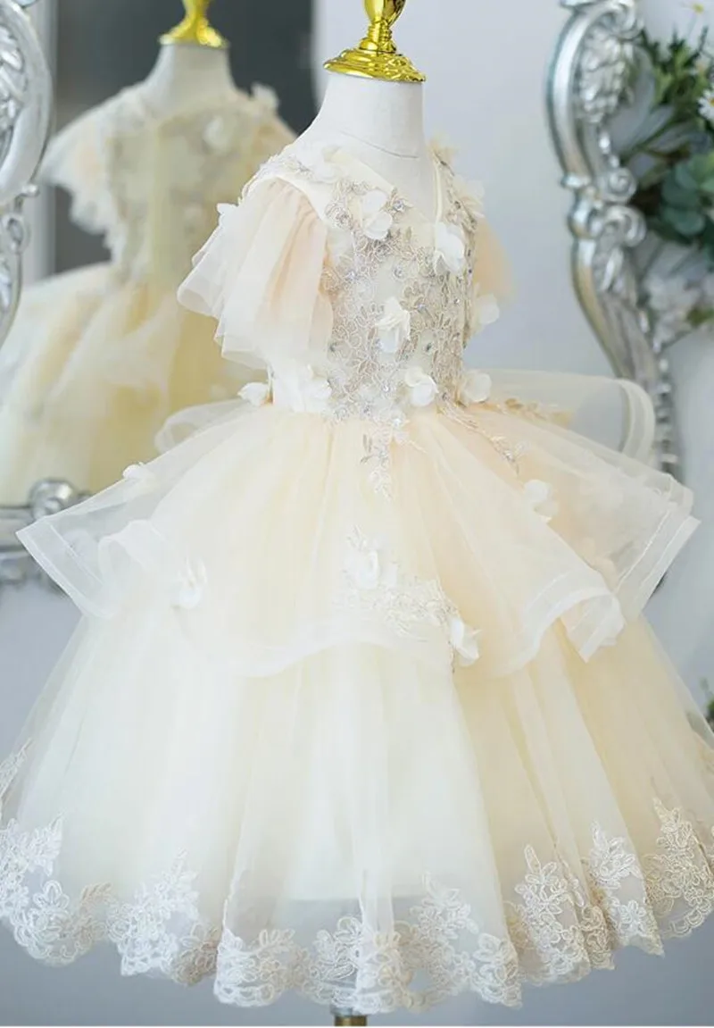 High Quality Beige Flower Girl Dress Applique Tulle Christmas Party Gown Special Ceremony Vestido Birthday Dress