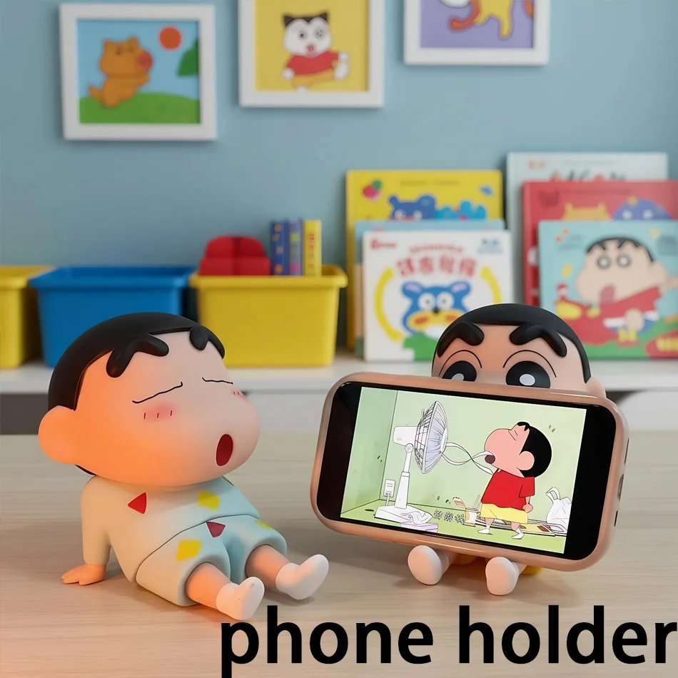 Kawaii Crayon Shin-Chan figurines Support pour téléphone Anime ornements de bureau dessin animé regarder la télévision Support pour téléphone décorations de poupée mignonnes