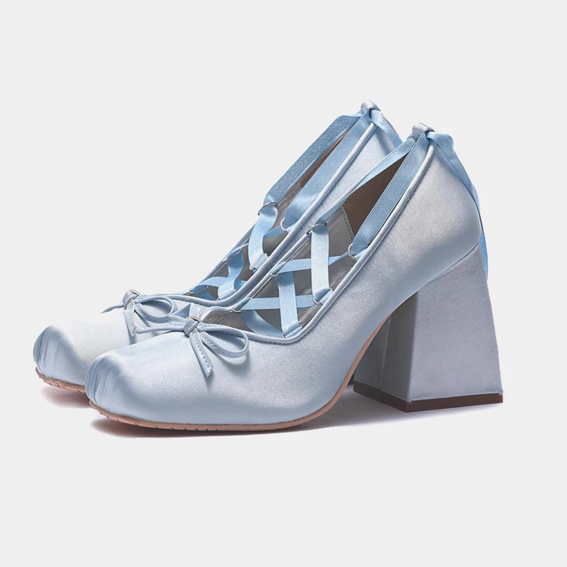 Sweet Small Bowtie Ribbons Cross Lace-up Silk Pumps Blue Pink Ballet Square Toe Chunky High Heels Women Lolita Shoes Mujere