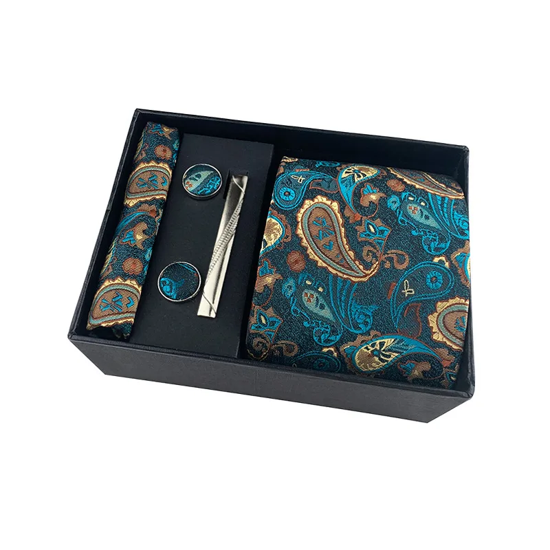 

New Tide 6pcs Set Gift Box for Men Paisley Dot Cashew Flower Polyester Necktie Pocket Square Clip Cufflinks Handkerchief