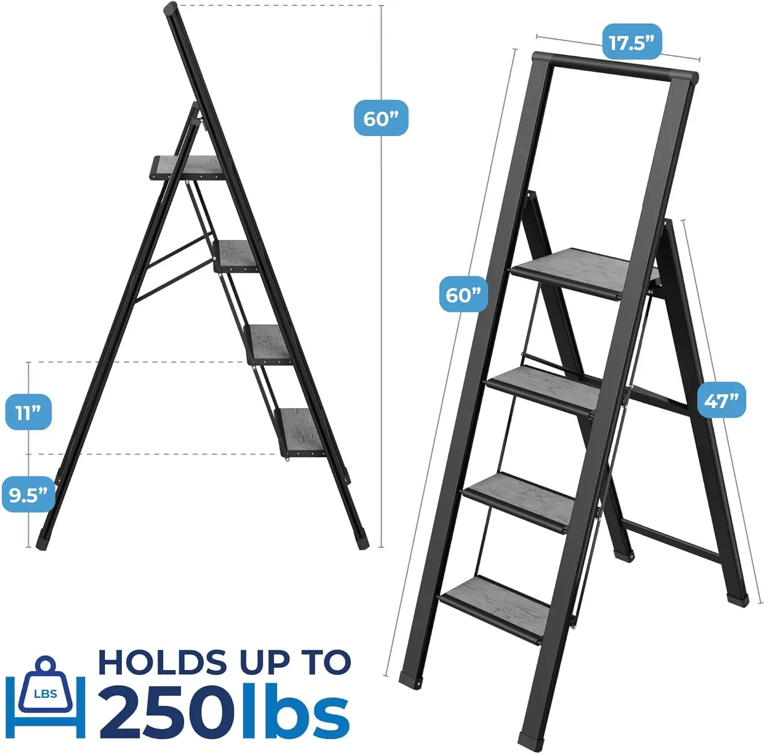 Step Ladder 4 step folding, decorative - Beautiful Gray Wood & Black Aluminum, Ultra Slim Profile, Anti Slip Steps, Sturdy-Porta