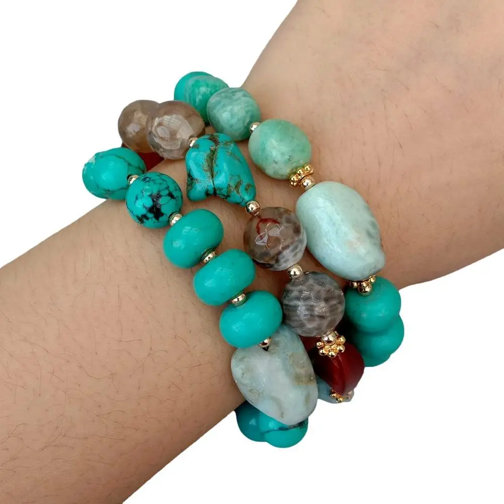 

YYGEM 3 Rows 8x12mmTurquoise Agate Amazonite 15x21mm Larimar Bracelet Beads Natural Blue Gemstone 8.5"