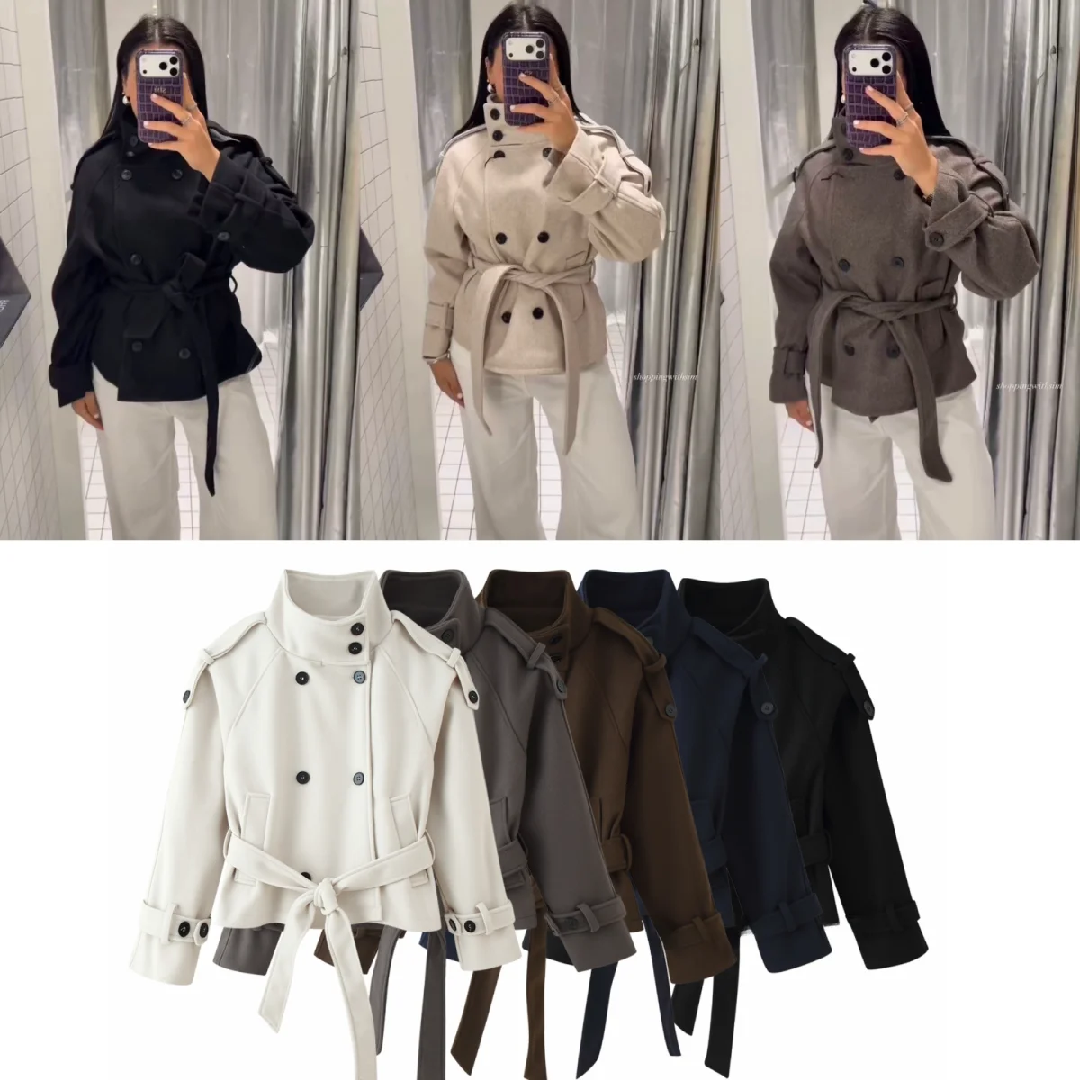 Fashionable Double-Breasted Stand-Collar Belted Woolen Jacket Versatile Women's Short Coat Stylish All-Match Design