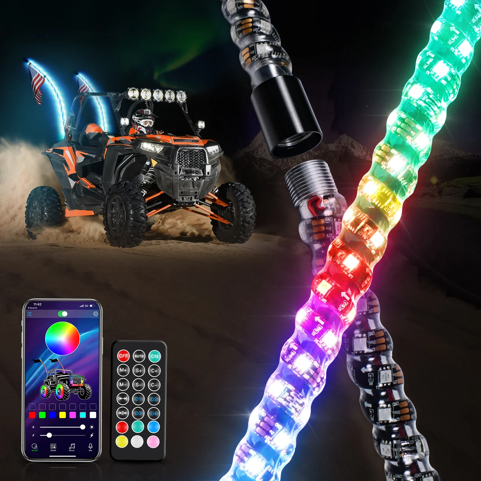 

Светодиодный светильник BEVINSEE 3FT 4FT 5FT 6FT RGB Многоцветный светодиодный флагшток с дистанционным управлением через приложение для ATV UTV Off Road Jeep