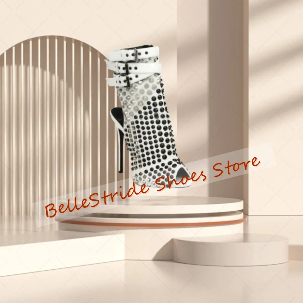 

White Rivet Decor Buckle Decor Sandals Boots Peep Toe Women Shoes Thin High Heels Party Banquet Dating 2025 Zapatos Para Mujere