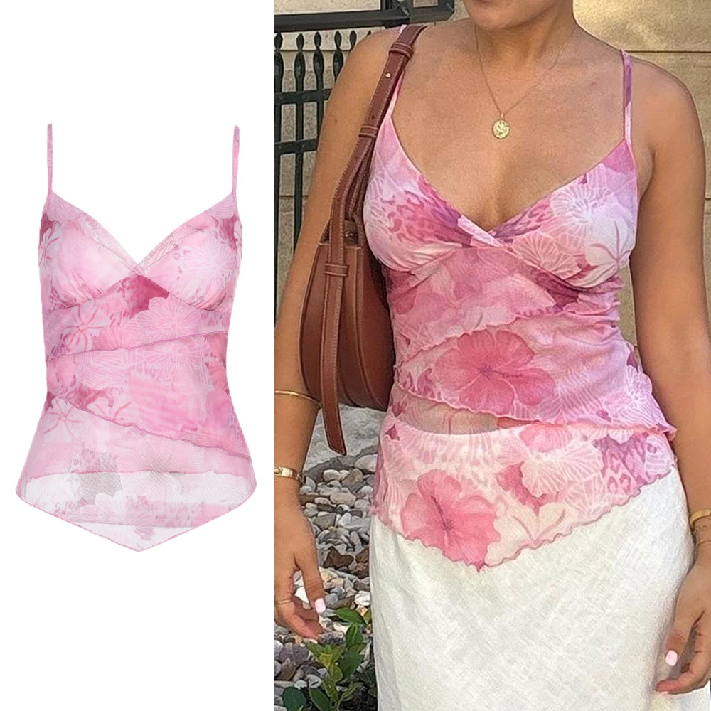 

DriftWear Summer Ombre Sleeveless Top Sexy V-Neck Cami with Ruffle Trim & Thin Strap Y2K Stretchy Basic Vest for Women Cami Tops