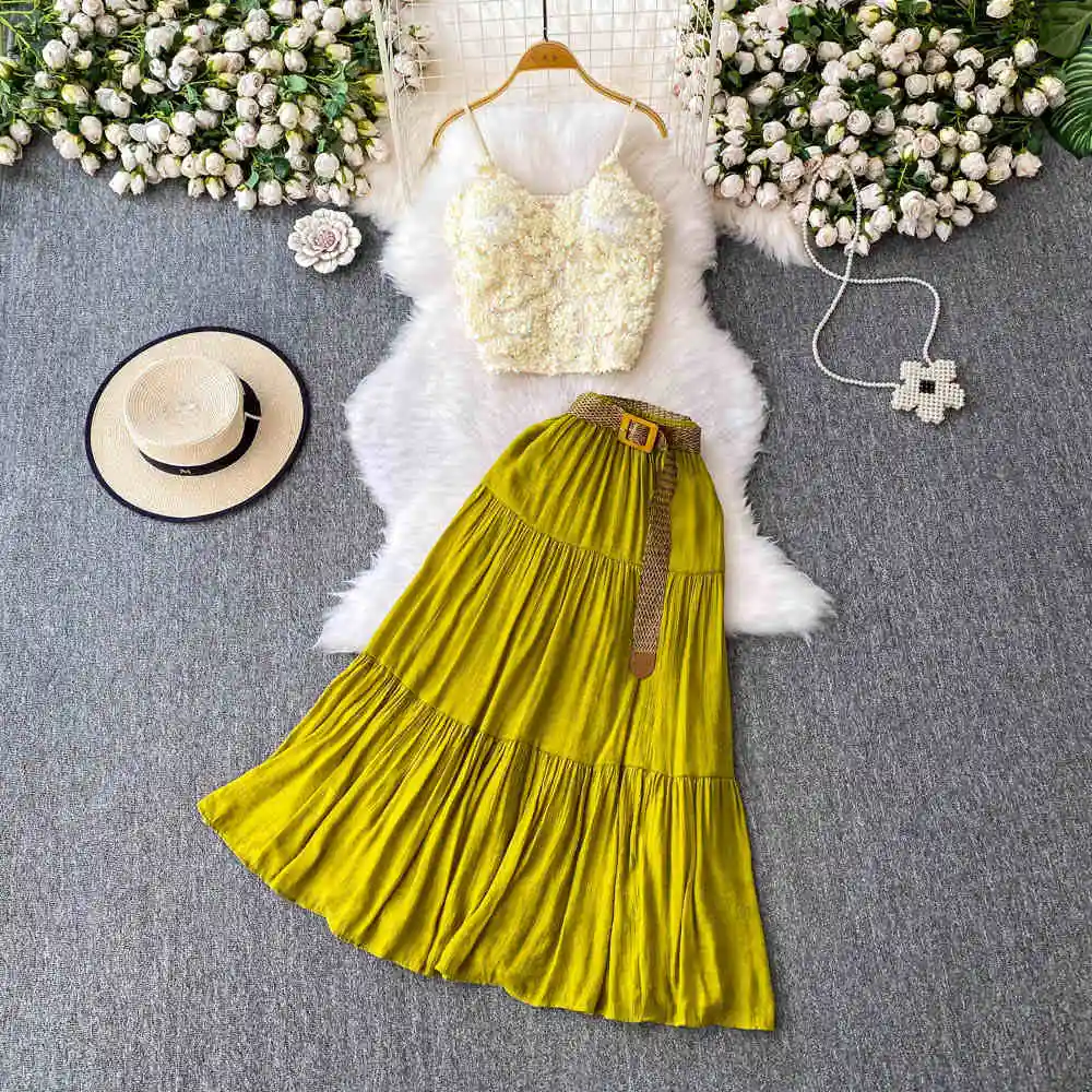 

Summer Women Sequin Three-dimensional Flower Short Tank Top+High Waist Slimming Ruffle Edge Cake Skirt Beach 2 Piece Set