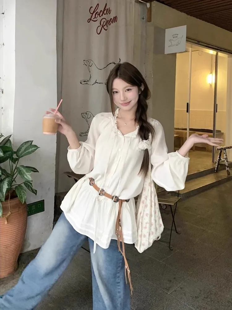 

Уникальный деревянный топ ain Ruffle Dstring V Ne Long Sve irt, женский летний новый Sle в стиле ретро, небольшой топ с поясом