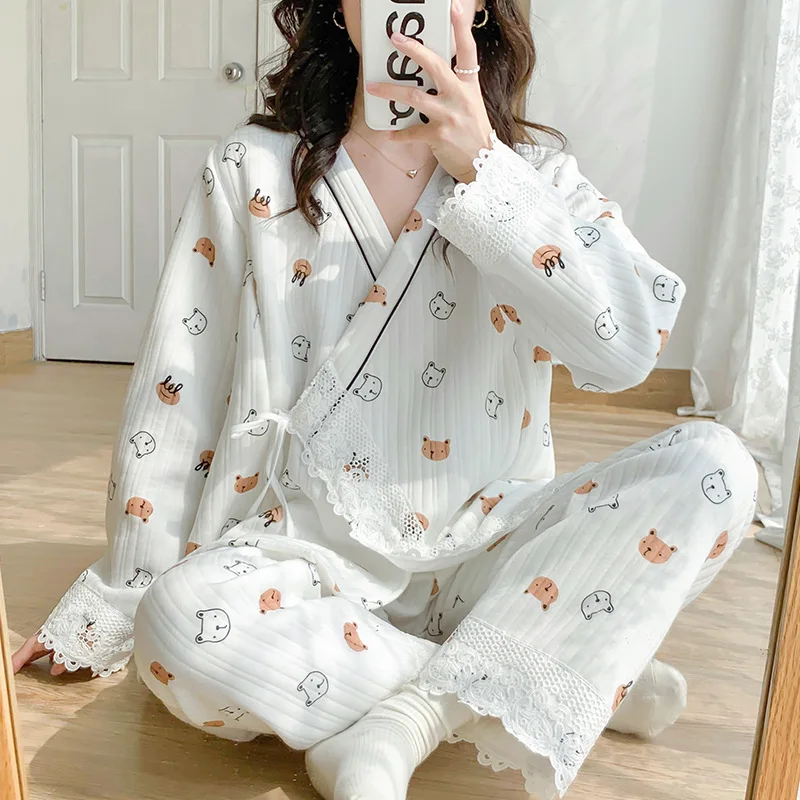 Kimono autumn and winter thickened air cotton pregnant women pajamas women postpartum lactation cotton clothes for delivery