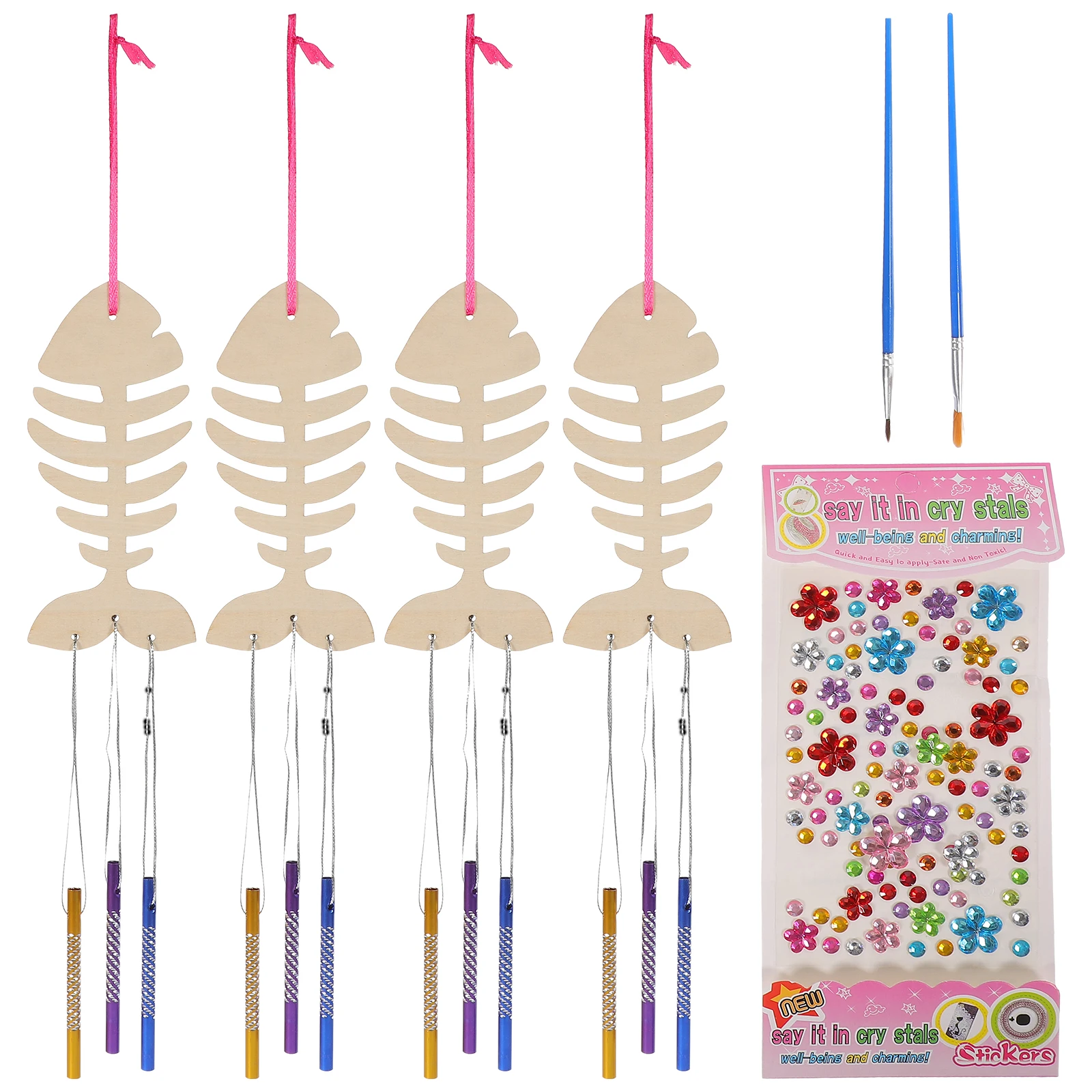 

1 set Wooden Wind DIY Kit 12 Fish Bones 48 Bells Pens Decorative Garden Hanging Wind Chime Hanging Ornament Home Garden Balcony