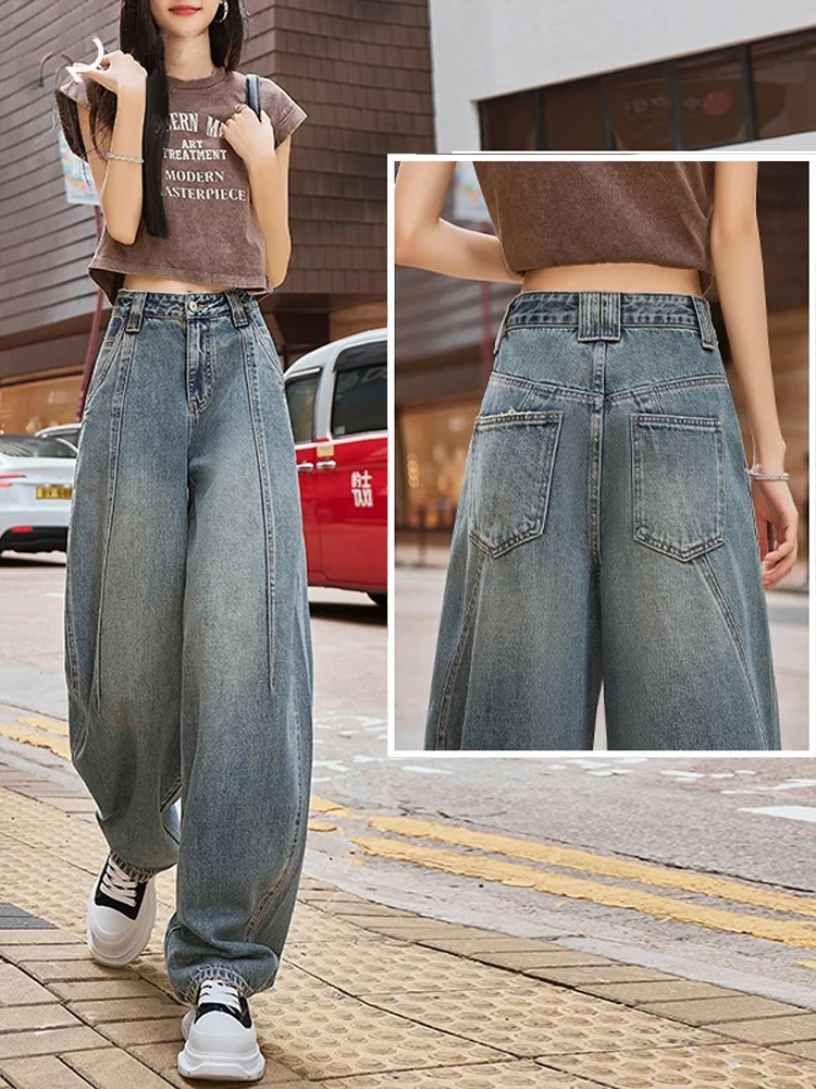 

Джинсовые брюки с высокой талией, женские свободные драпированные брюки в стиле ретро, широкие брюки, весна-лето, Новое поступление, повседневные брюки