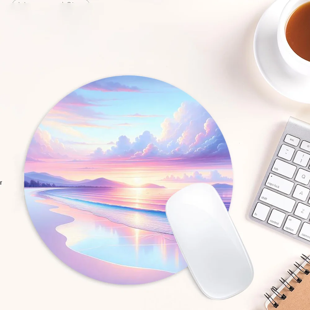 Round Mouse Pad Aesthetic Beach Desk Pad Art Design Rubber Mousepad Aesthetic Desk Accessory for Office Laptop Computer