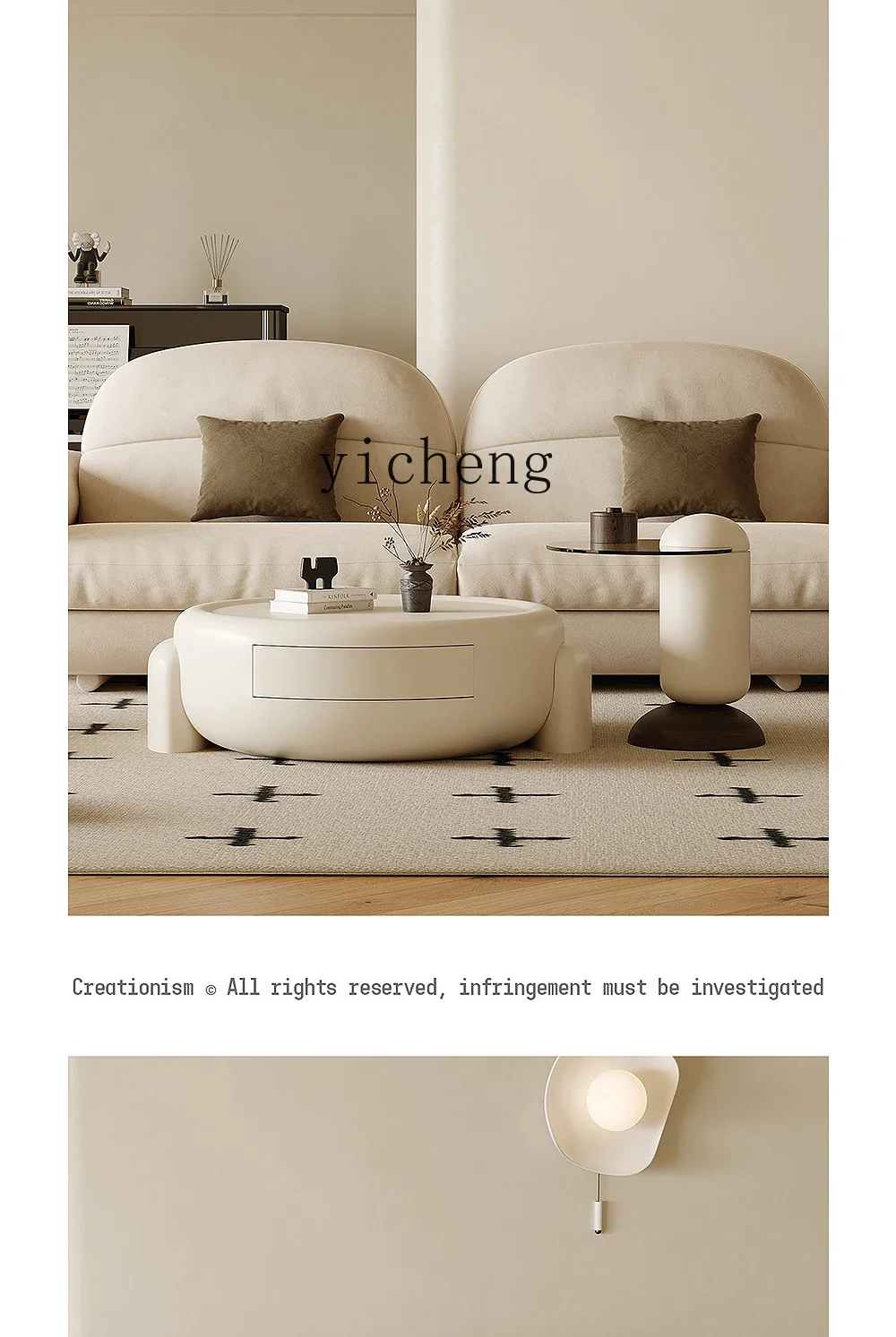 طاولة قهوة مستديرة بسيطة وحديثة كبيرة وصغيرة على الطراز الفرنسي الكريمي لغرفة المعيشة وطاولة قهوة فنية راقية