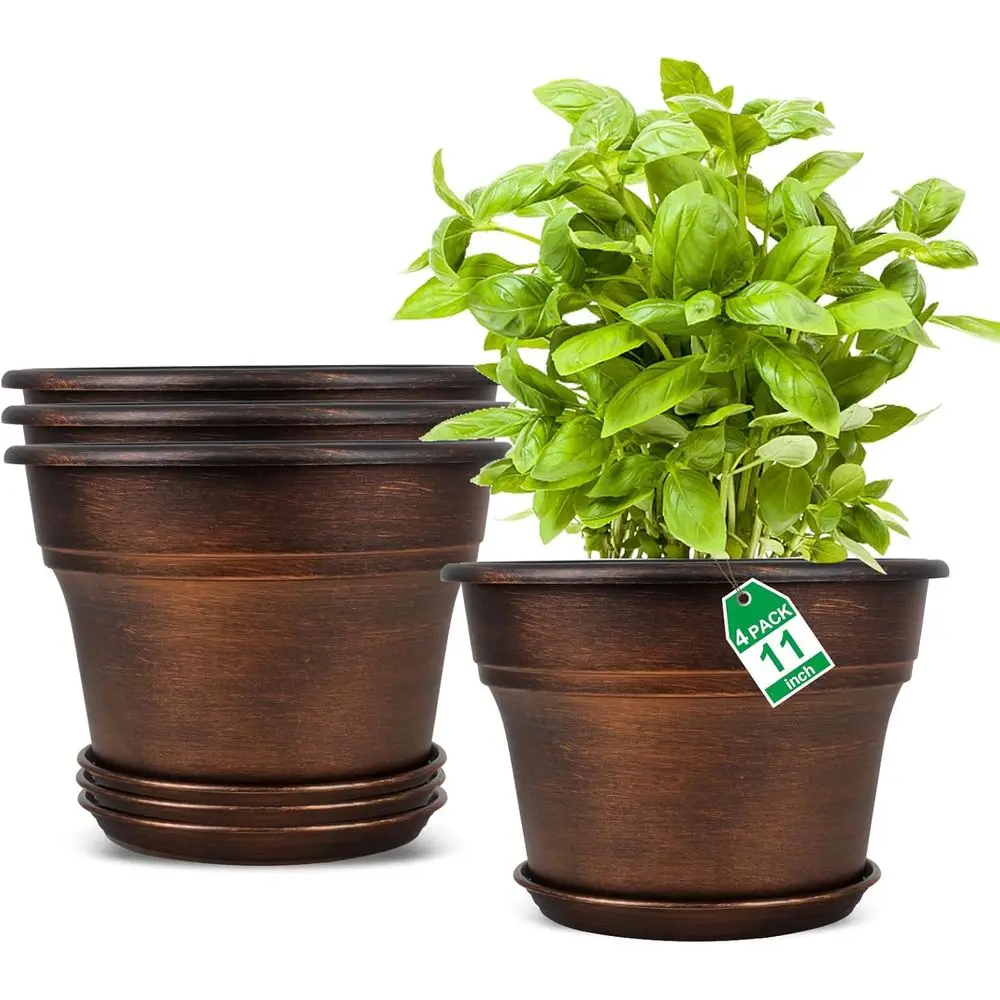 

Набор из 4 пластиковых кашпо 11 дюймов с дренажем для комнатных и уличных растений, декоративные горшки из смолы с медным покрытием