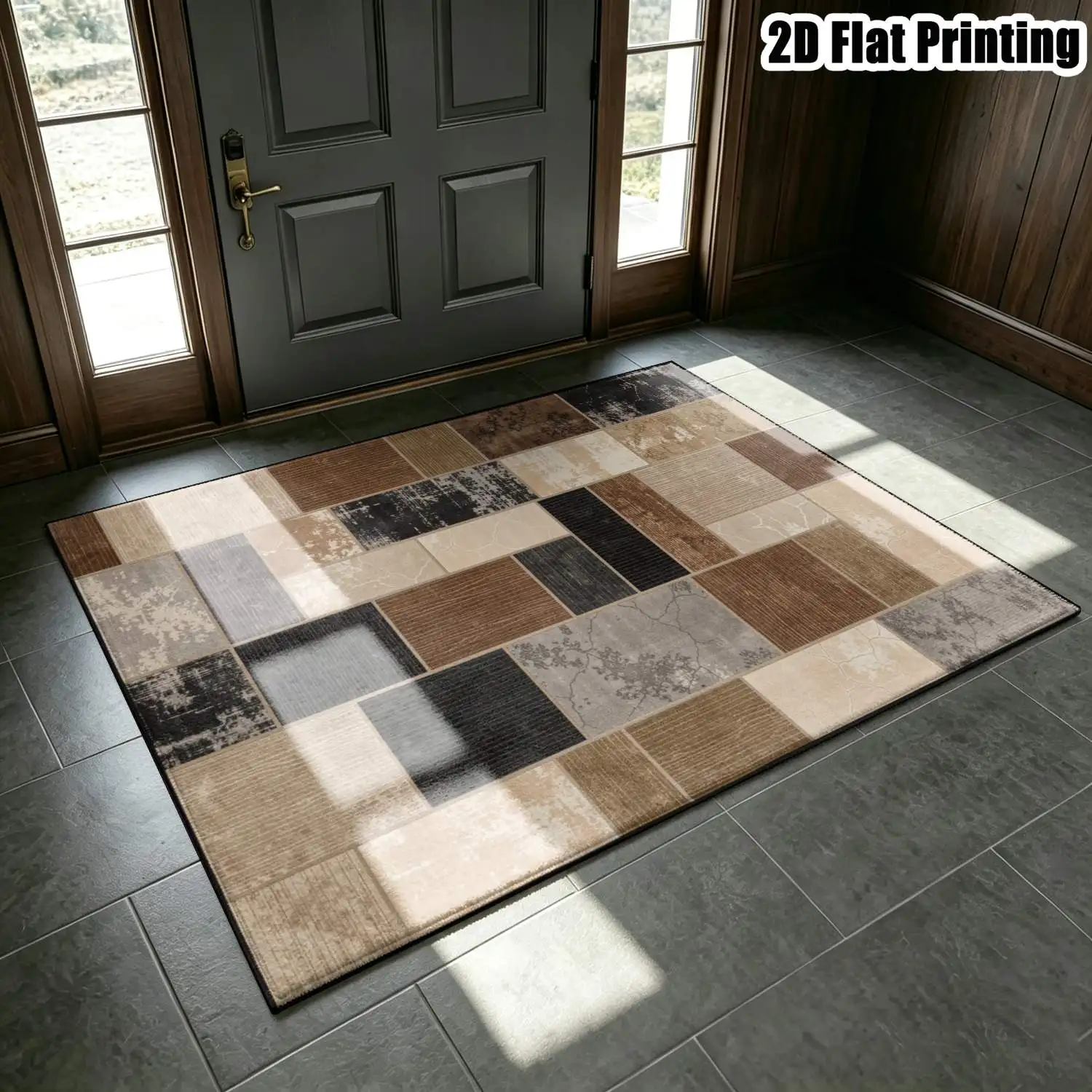 1Pc 2D Printed Carpet: Retro Brown Black Geometric Patchwork, Nordic/Modern Minimalist/European/Vintage Striped Style, Home Decor, Multi-Size, Machine Washable, for Entrance/Dining Room/Foyer/Living Room/Bedroom
