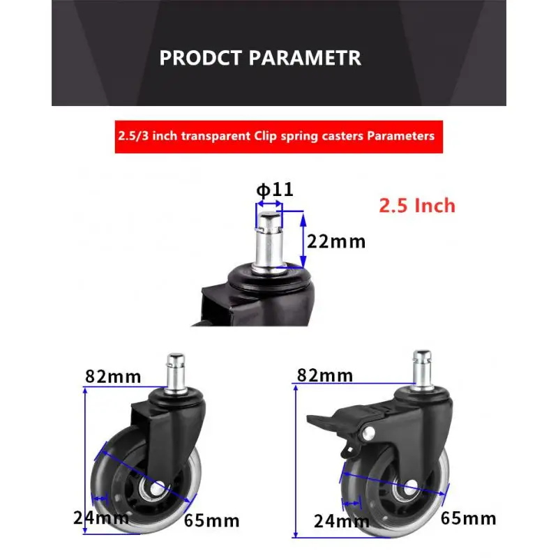 5 Pcs 2.5 Inch M11x22 Insert Rod Silent PU Universal Wheel Large Class Chair Clamp Casters Computer Office Transparent