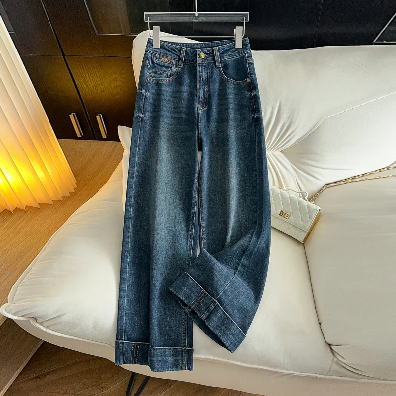 

Модные свободные широкие джинсы для женщин, осенние миниатюрные простые повседневные брюки, универсальные брюки для пригородных поездок