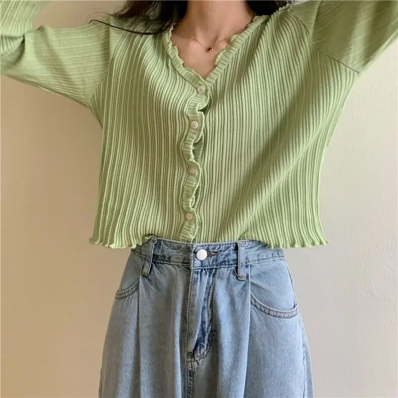 Summer Cardigan Women Korean Fashion Sweet V-neck Ruched Button Pleated Long Sleeve Comfortable Cropped Cardigans Student