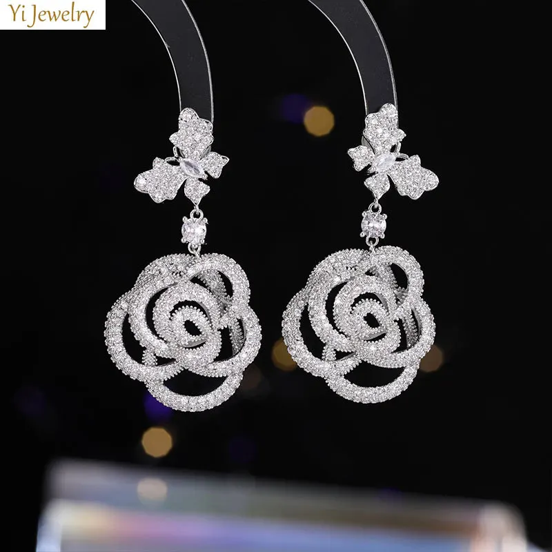 

Elegant Women Earrings Dangle Flower Rose White Zircon Shiny Evening Party Wedding Jewelry Floral Dangle Earrings Female Gift