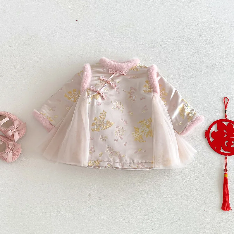 ملابس الفتيات الاحتفالية للعام الجديد 2025 فستان شتوي جديد للأطفال على الطراز الصيني بياقة مائلة من القطن تنورة للأطفال