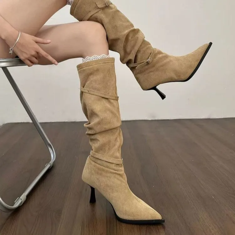 

Retro Velvet High Boots Women's Pointed Toe Slim Fit Pleated Mermaid Sle Faionable Winter Ankle Strap Heels
