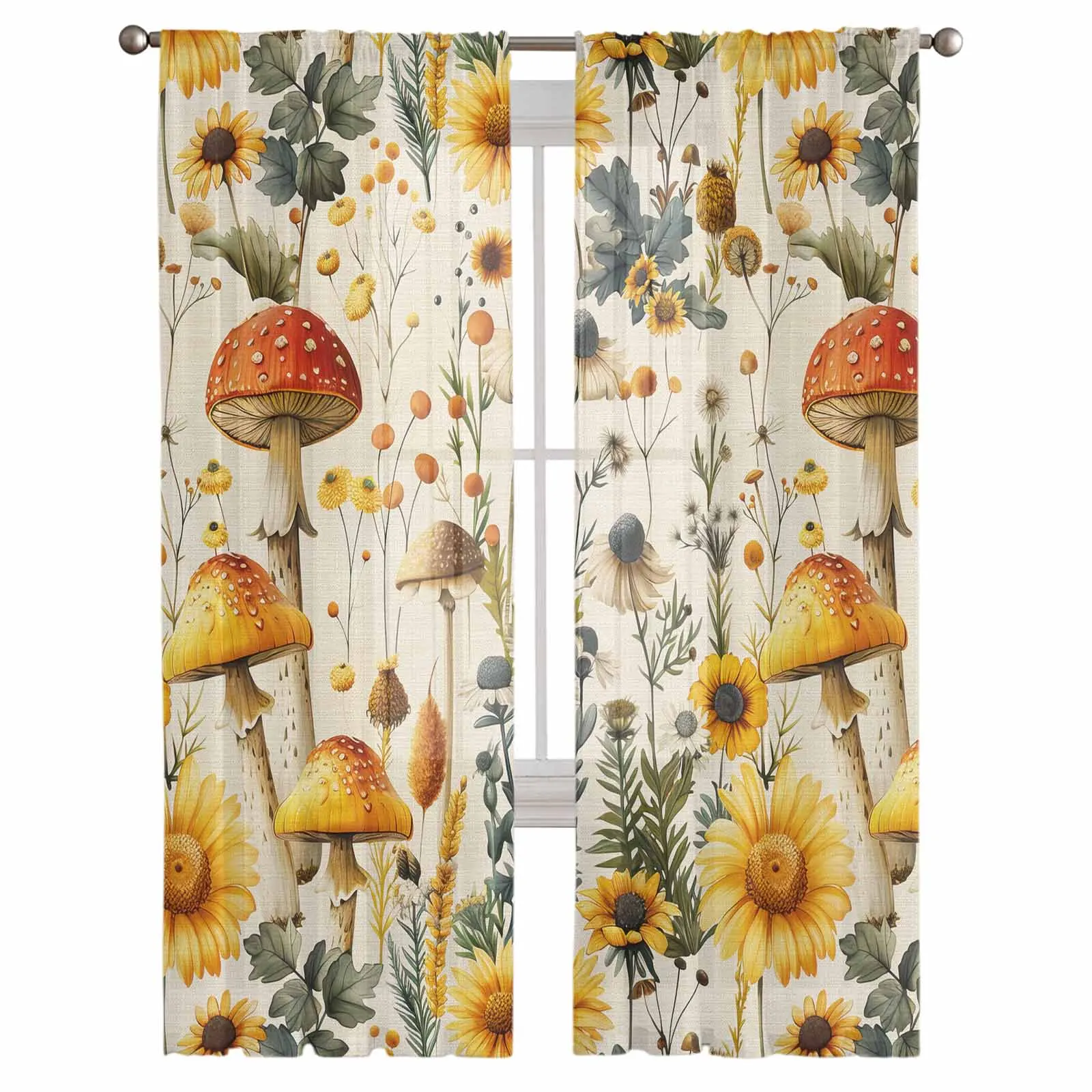 Mushroom Sunflower Flower Plant Vintage Window Tulle Curtains for Living Room Kitchen Modern Window Treatments Voile Curtains