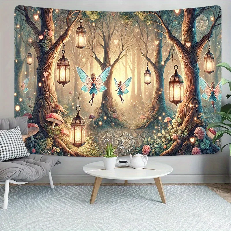 Enchanted Forest Fairy Tapestry with Glowing Lanterns and Mushrooms, Magical Polyester Wall Hanging for  Living Room Decor