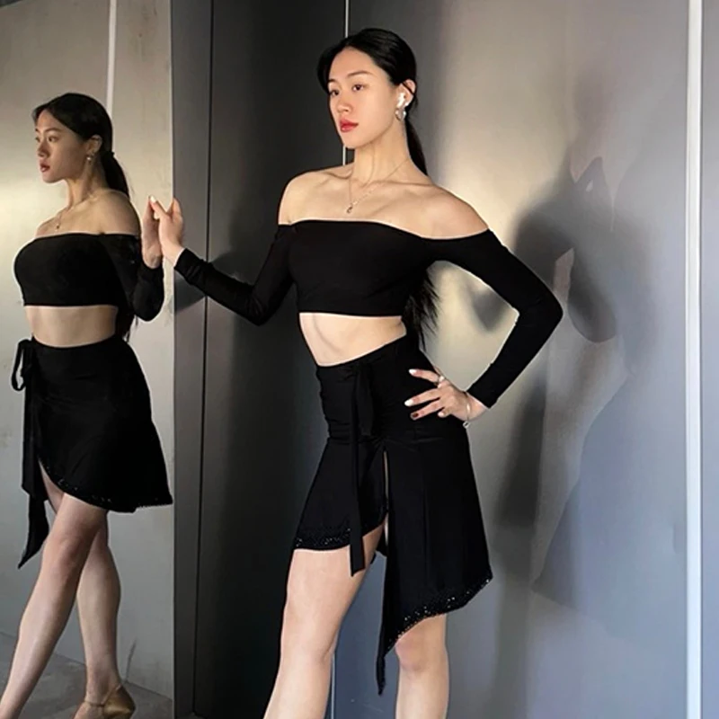 Latin Dance Clothes Women Off Shoulder Tops Irregular Slit Skirt Black Long Sleeves Practice Clothing Rumba Tango Wear DNV22387