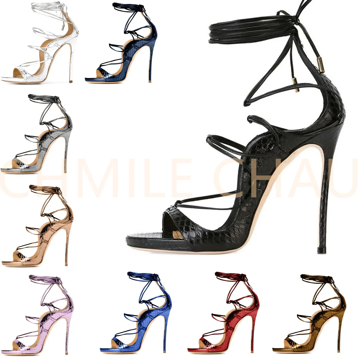 【Measure your feet length before order】Women High Heels Sandals Rome Gladiator Lace-up Evening Party Dress Lady Shoes 5-CHC-11