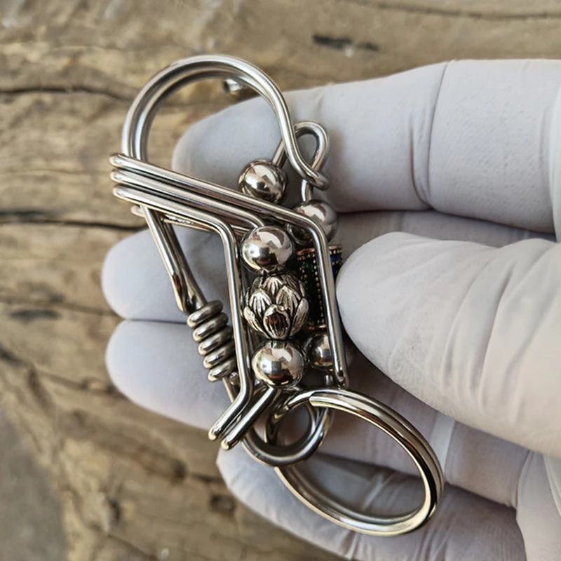 Stainless Steel Handicraft Key Ring Engraved Blue Flowers Pendant Buckle Matte Bead Trinket Car Keyring Lovers Gift Decoration