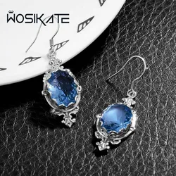 WOSIKATE w stylu Vintage 925 posrebrzane kolczyki w kształcie niebieski Topaz dla kobiet modne damskie kolczyki z biżuterią prezenty na imprezę