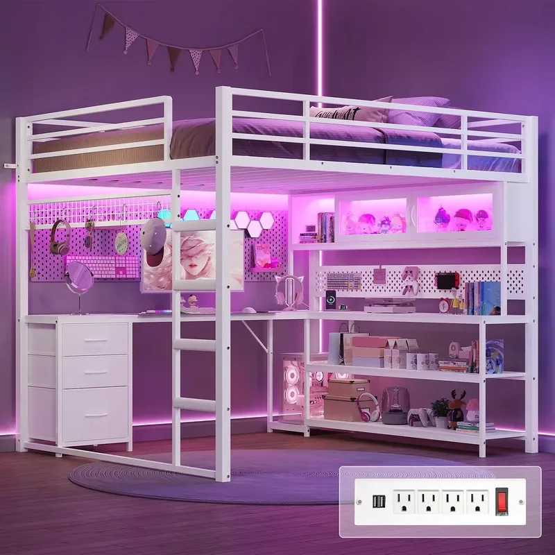 Loft Bed Full Size with Gaming Desk Arcylic RGB Hutch White