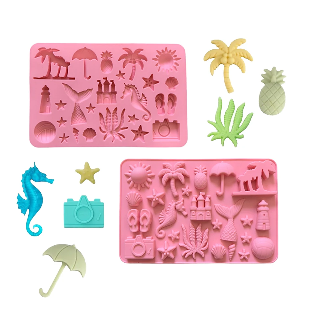 3pcs Summer Beach Themed Silicone Molds, Suitable for Chocolate, Coconut Tree, Starfish, Shell, Lighthouse, Pineapple Shaped