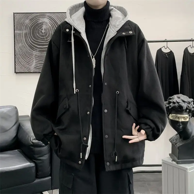 

Korean Style False Two-piece Men's Jacket Autumn Winter Thick Oversized Loose Zip Up Hoodie Harajuku Solid Casual Jacket for Men