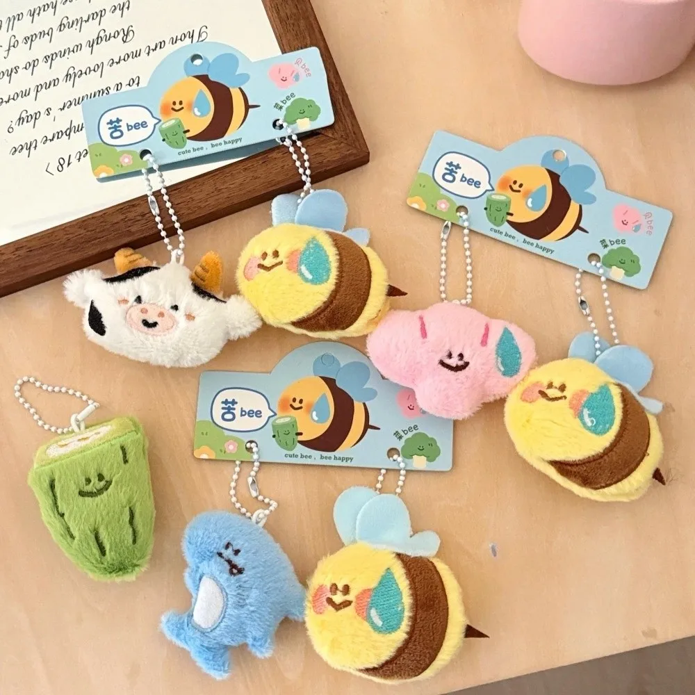 

2pcs Cartoon Animals Plush Doll Keychain Shark Bitter Melon Cute Stuffed Pendant Shell Cow Bee Backpack Charm for Women Girls